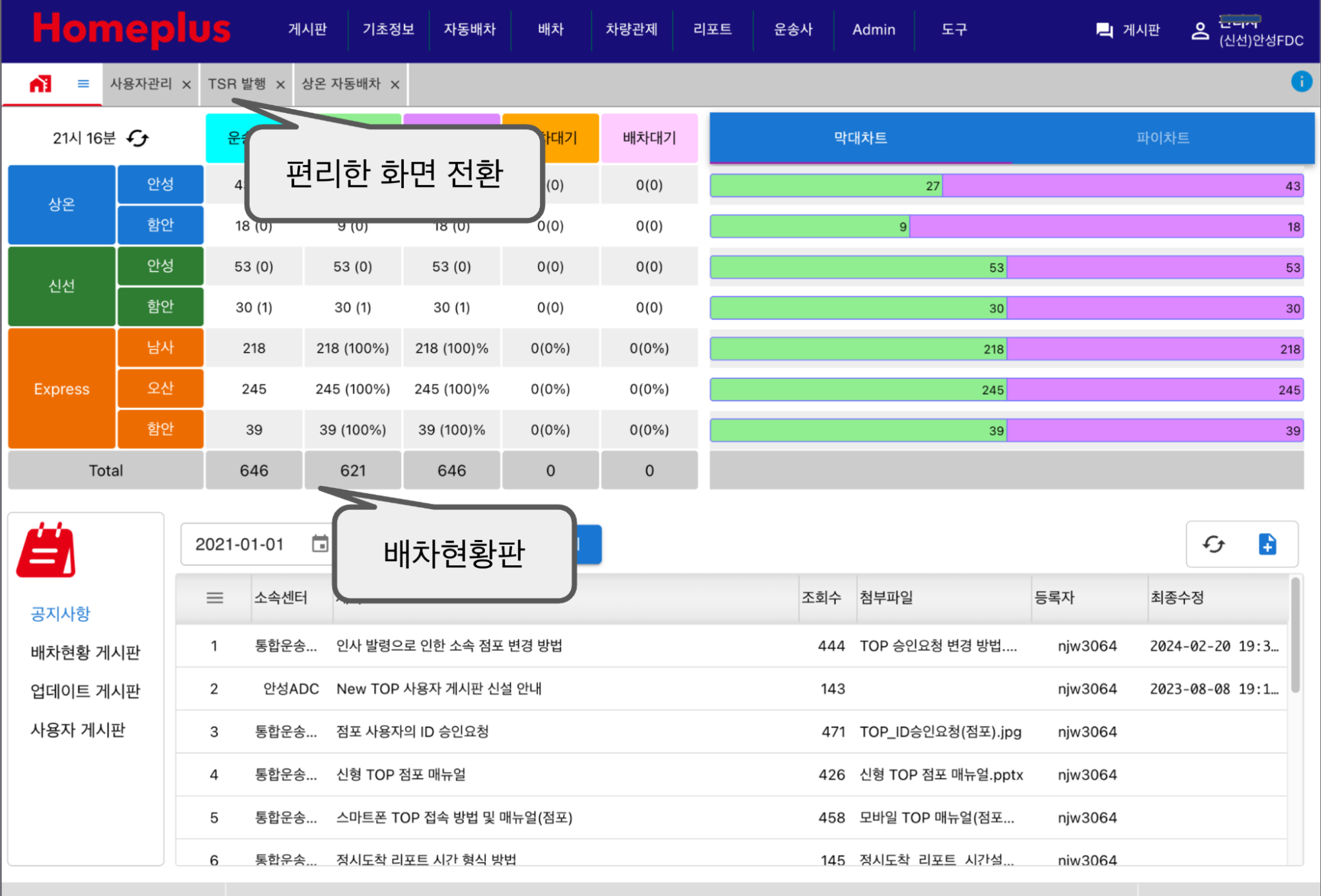 홈플러스 배차지원 시스템 웹 인터페이스 캡처